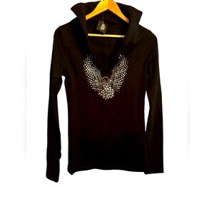 Laura Dahl design Eagle deep V neck long sleeve size 1 cotton Black top